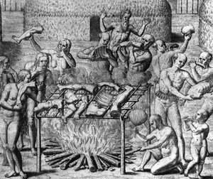Anthropophage Meals: Cannibals in Brazil - in “Admirante Narratio Americae”, by Théodore de Bry by Theodore de Bry