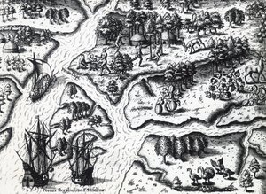 Arrival of French at Port Royal in 1564, engraving by Theodore de Bry