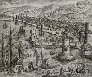 Arrival of Girolamo Benzoni in the port of Las Palmas during his trip to the Americas, engraving by Theodor de Bry by Theodore de Bry