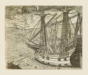 Bartolomeo Diaz Hanging Some Indians on Caravel, from Americae pars quarta, by Girolamo Benzoni