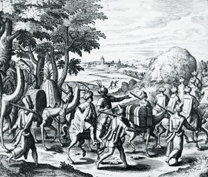 Caravan of Arab Merchants Travelling from Aleppo to Basra, from Grands and Petits Voyages by Theodore de Bry