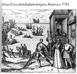 Christopher Columbus and the Pinzon brothers leaving the port of Palos in Spain on 03/08/1492 for the New World. Right The King and Queen of Portugal Catholic Ferdinand II of Aragon and Isabella I of Castile. Engraving by Theodore de Bry in Admirante