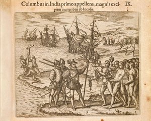Christopher Columbus Landing on the Island of Guanahani (San Salvador) October 12 by Theodore de Bry