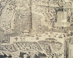 City of Goa in India, Engraving by Theodor de Bry from Travel account of the voyage of the sailor Jan Huyghen van Linschoten to Portuguese East India 1579-1592 by Theodore de Bry