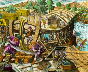Construction of a boat for the Spanish navigator Vasco Nunez de Balboa (1475-1517). Engraving from History of the Americas by Theodore de Bry (1528-1598). Private Collection by Theodore de Bry
