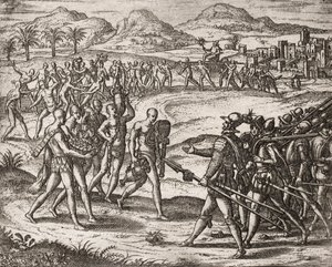 Description of crimes inflicted on Indians by Spanish settlers - Indians bringing gifts and gold to the Conquistadors - Engraving by Theodore de Bry in 