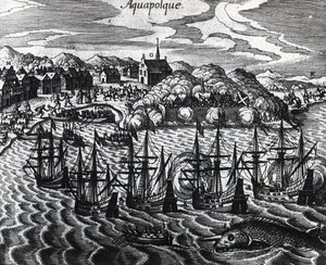 Fleet of Galleons in Acapulco Port, engraving by Theodore de Bry