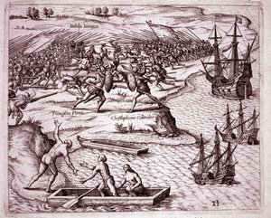 Fourth voyage of Christopher Columbus on the island of Jamaica in 1503 by Theodore de Bry