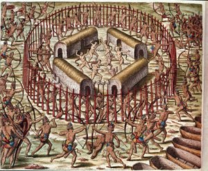 History of America: An Indian Village of Virginia. Engraving from Admirante Narratio Americae by Theodore de Bry (1528-1598)