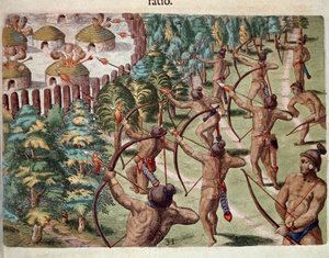 History of America: An Indian tribe attacks a village in Florida at night. Engraving from Admirante Narratio Americae by Theodore de Bry by Theodore de Bry