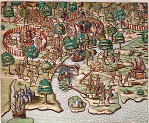 History of America: Description of methods of siege and attack, Indians fighting Spanish armies. Recit of the captivity of Hans Staden, German explorer who left with the Spanish fleets to Brazil, captured by the Tupinamba Indians. Engraving from Ameri