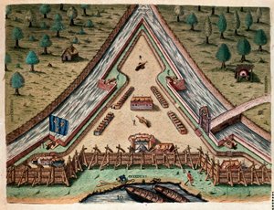 History of America: Life of Fort Carolina, Bastion of Carolina. Engraving from Admirante Narratio Americae by Theodore de Bry after a drawing by Jacques le Moyne