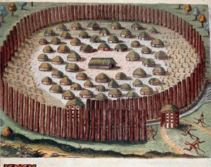 History of America: Representation of an Indian village fortifies in Florida. Engraving from 