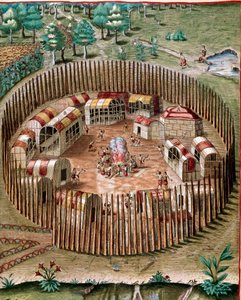 History of America: Representation of the fortified city Pomeiock or Pomeiooc in Virginia in 1585. Engraving from Admirante Narratio Americae by Theodore de Bry (1528-1598)