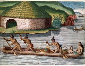 History of America: The transport of food on boats. Engraving from Admirante Narratio Americae by Theodore de Bry