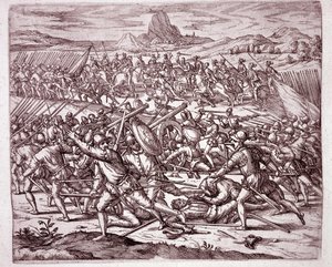 History of America: fights between the armies of Vaca de Castro and Almagro junior after the death of Francisco Pizarro and Diego de Almagro (Engraving) by Theodore de Bry