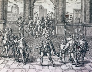 Inca Emperor Atahualpa being taken prisoner by Spaniards in Cajamarca, Peru, engraving from American History by Theodore de Bry