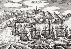 View of Acapulco, Mexico - Engraving by Theodore de Bry (ca. 1630) by Theodore de Bry