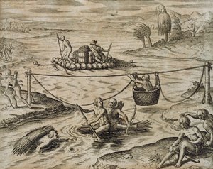 Native American Indians Going Down River Rapids by Theodore de Bry