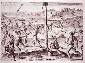 Native Americans practicing running, shooting arrows, and throwing ball, Florida (Engraving)