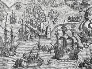 Naval battle, engraving from American History by Theodore de Bry by Theodore de Bry