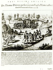 Ralph Hamor Visits Powhatan, 1619 by Theodore de Bry