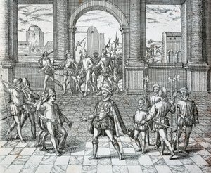 The Inca King Atahualpa Being Taken Prisoner by Spaniards in Cajamarca by Theodore de Bry