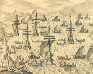 The Island of Thieves, engraving from American History by Theodore de Bry, North America 17th Century by Theodore de Bry