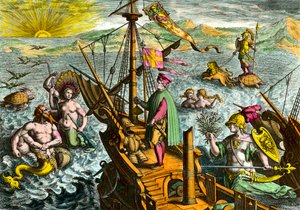 The boat of the Italian navigator Amerigo Vespucci by Theodore de Bry