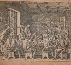 The Egg of Columbus, engraving by Theodor de Bry from Americae pars quarta by Theodore de Bry