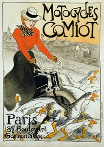 Advertising poster for Comiot motorcycles. A young woman on a moped among a group of geese. Poster by Theophile Alexandre Steinlen (1859-1923). 1899. Paris, Decorative Arts