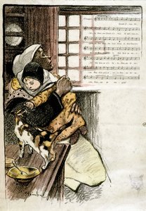 Child in the arms of a woman playing with a cat, illustrated by Steinlen for sheet music, 19th century by Théophile Alexandre Steinlen