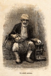 A cafe salesman (cafedji) traveling, in the bazaar of Trebizonde (present-day Trabzon, on the Black Sea coast), engraving after a drawing by the narrator, illustrating a journey to Lazistan and Armenia, of 1869, by Theophile Deyrolle, published in “Le tour by Theophile Louis Deyrolle