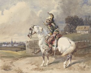 French Dragoon on a White Horse, Facing Left, in Profile by Théodore Fort (signed by artist)