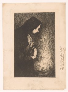 Standing Woman Looking at Burning Village in the Background
