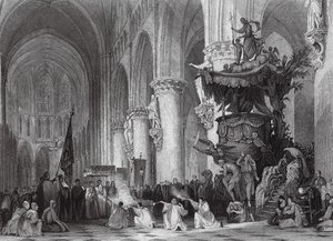 Cathedral of St Gudule, with celebrated Carved Pulpit, Brussels by Thomas (after) Allom