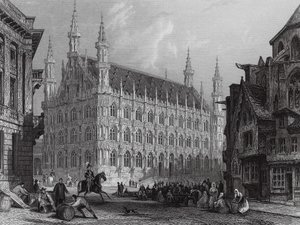Town Hall of Louvain, with part of the Cathedral by Thomas (after) Allom