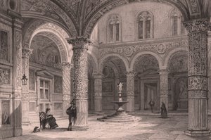 Courtyard of Palazzo Vecchio in Florence, Tuscany, Italy, steel engraving by James Tingle after drawing by Thomas Allom