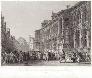 Town Hall with Insurrection of the People against Charles V by Thomas Allom
