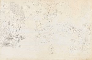 A study in graphite of the bridge and trees from the west by Thomas Baxter