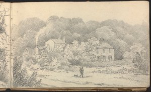 Album of Landscape and Figure Studies: Rural Scene with Houses and a Hunter and His Dog by Thomas Bradshaw