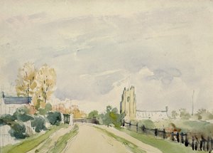 Suffolk Landscape, a Wide Road with a Small House, a Church and Trees by Thomas Churchyard