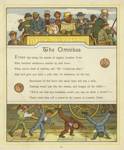 Passengers travelling on the omnibus while children turn cartwheels on the street below by Thomas Crane