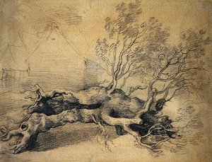 A Fallen Tree with Farm Buildings Beyond by Thomas Gainsborough