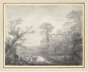 Wooded Landscape with Herdsman, Cows and Church Tower by Thomas Gainsborough