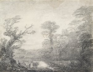Wooded landscape with herdsman, cows and church tower