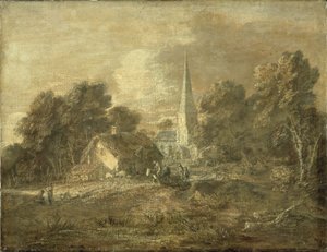 Wooded Landscape with Village Scene by Thomas Gainsborough