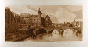 View of Pont au Change, the City Theatre, Pont Neuf, Conciergerie Prison, etc., taken from Pont Notre-Dame by Thomas Girtin