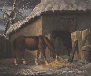 A Winter landscape with two horses feeding outside a stable (dated 1804)
