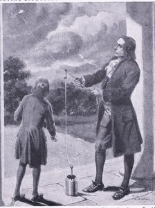 Franklin proving lightning and electrical phenomenon, illustration from 